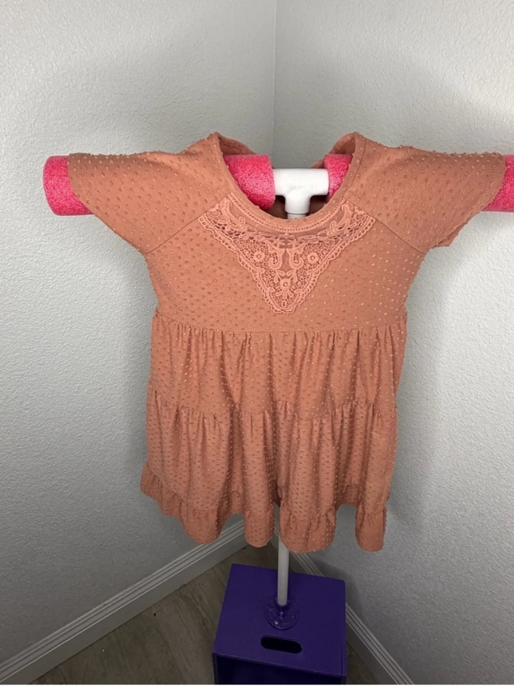 Girls' Peach Knit Lace-Trim Tiered Dress